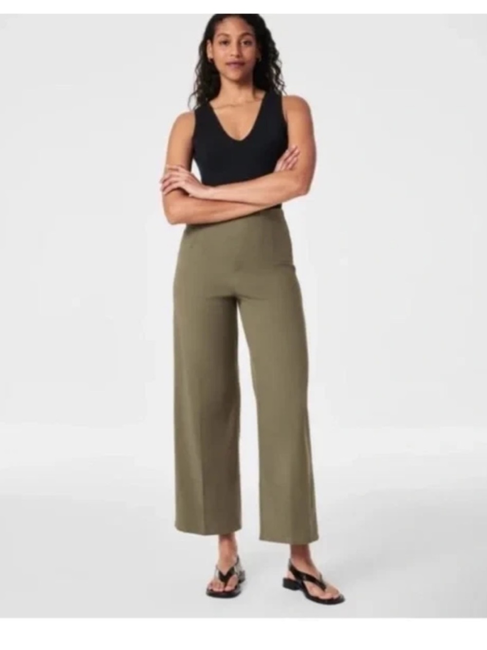 SPANX Stretch Twill Cropped Wide Leg Pants Tuscan Olive Medium